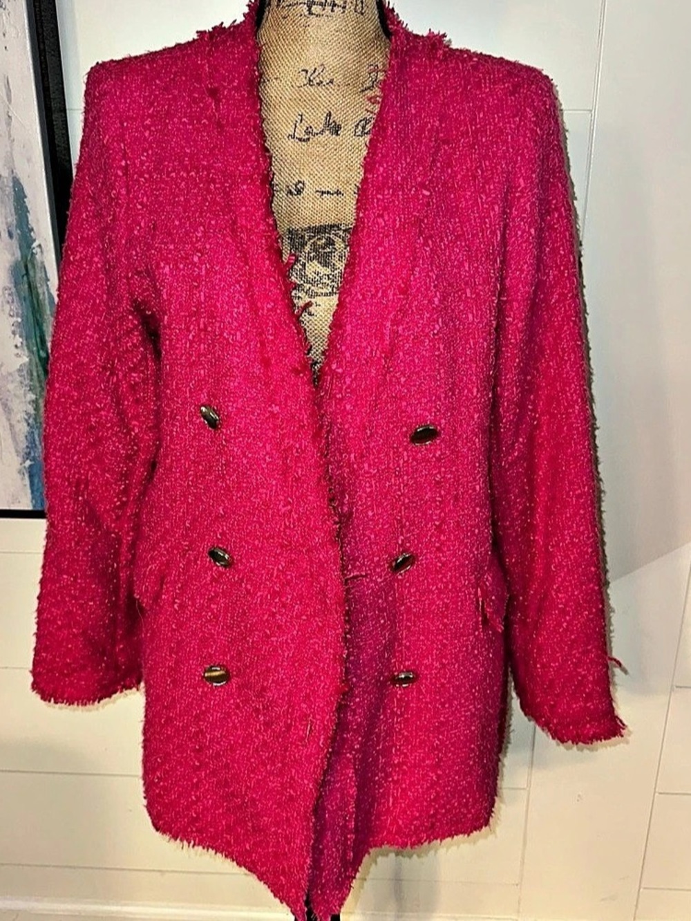 Rachel Zoe Hot Pink Tweed Bouclé Double Breasted Blazer Size L